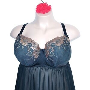 Cacique Babydoll Chemise Women 44DD Black Gold Lace Sexy Nighty Honeymoon Floral